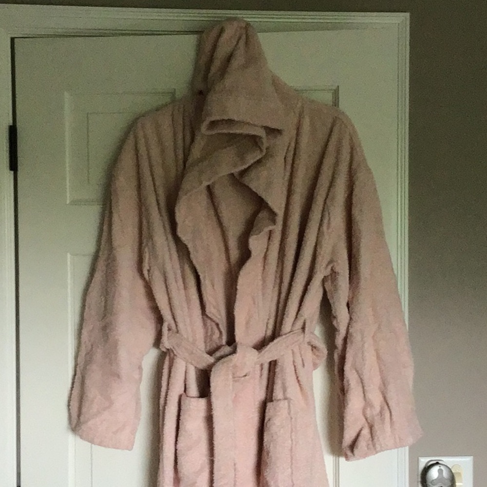 Pink Terrycloth Hooded Robe with Belted Waist and Long Sleeves